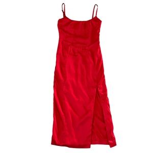 TRENDY & UNIQUE NWT Glossy Satin Scoop Neck High Slit Slip Cocktail Dress Sz M
